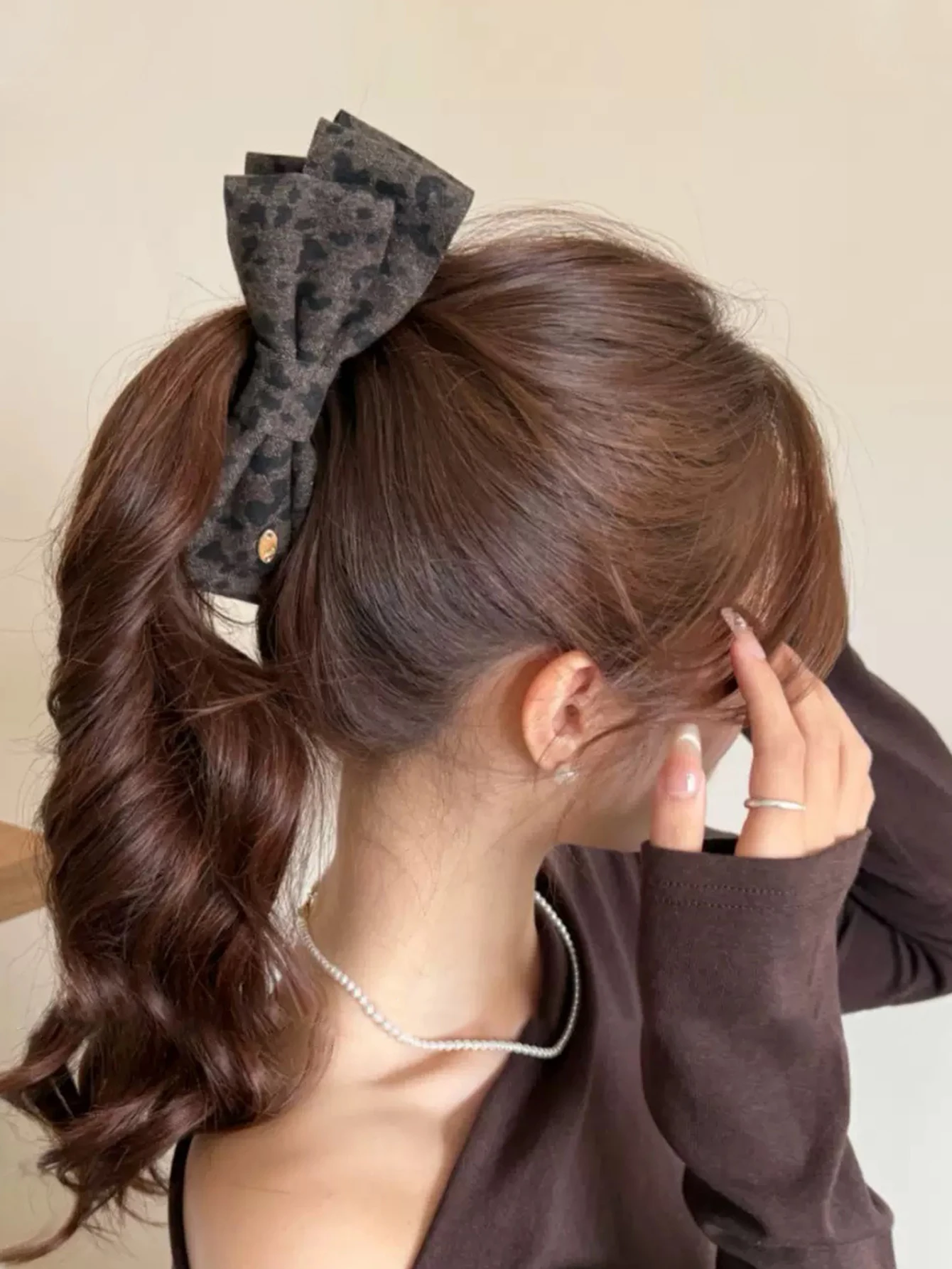 1PC vintage-style classic leopard print double-layer bow banana clip, versatile and fashionable half-up hair clip/accessory
