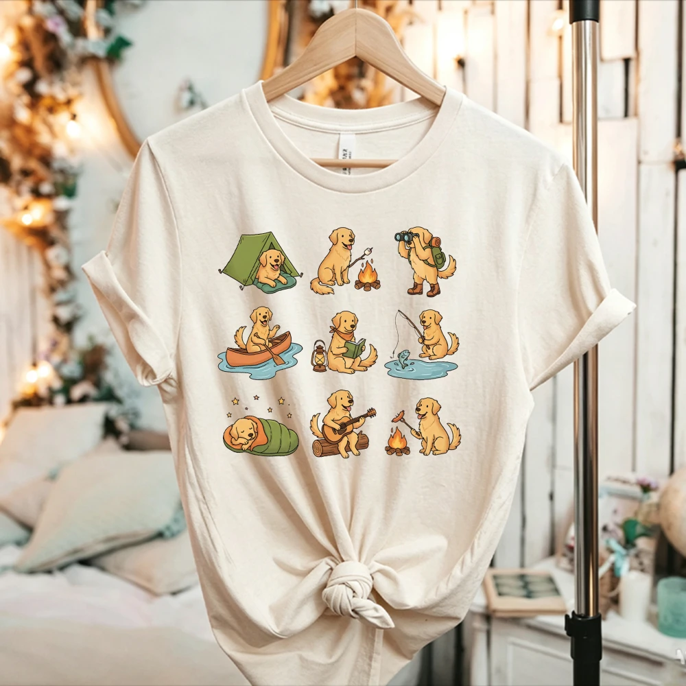 Cute Golden Retriever Camping Dog Graphic Cotton T Shirt Women Outdoor Casual Camper Short Sleeve Tee Kawaii Graphic T Shirts