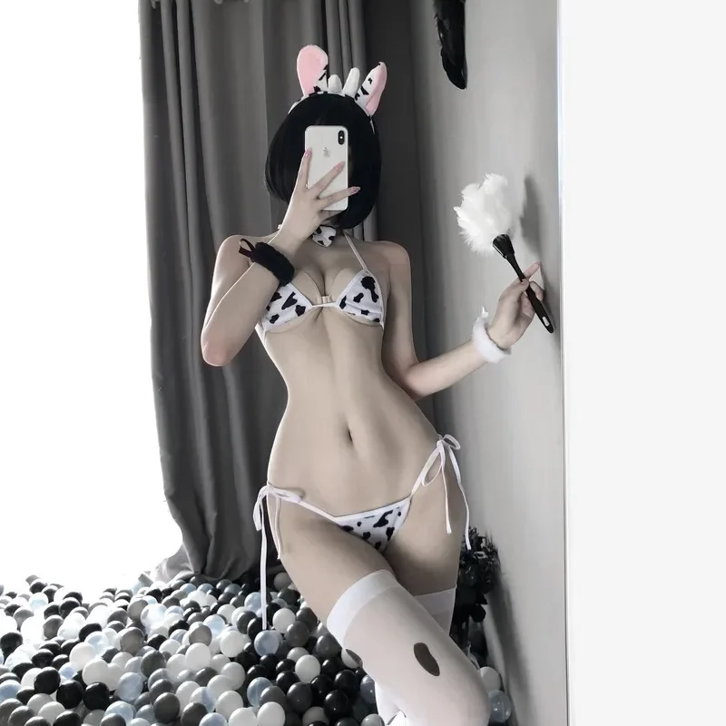 Maid Cosplay Erotic Costumes Cow Tail Women Sexy Lingerie Cute Three-point Role-playing Passion Suit Bra and Panty Set Stockings