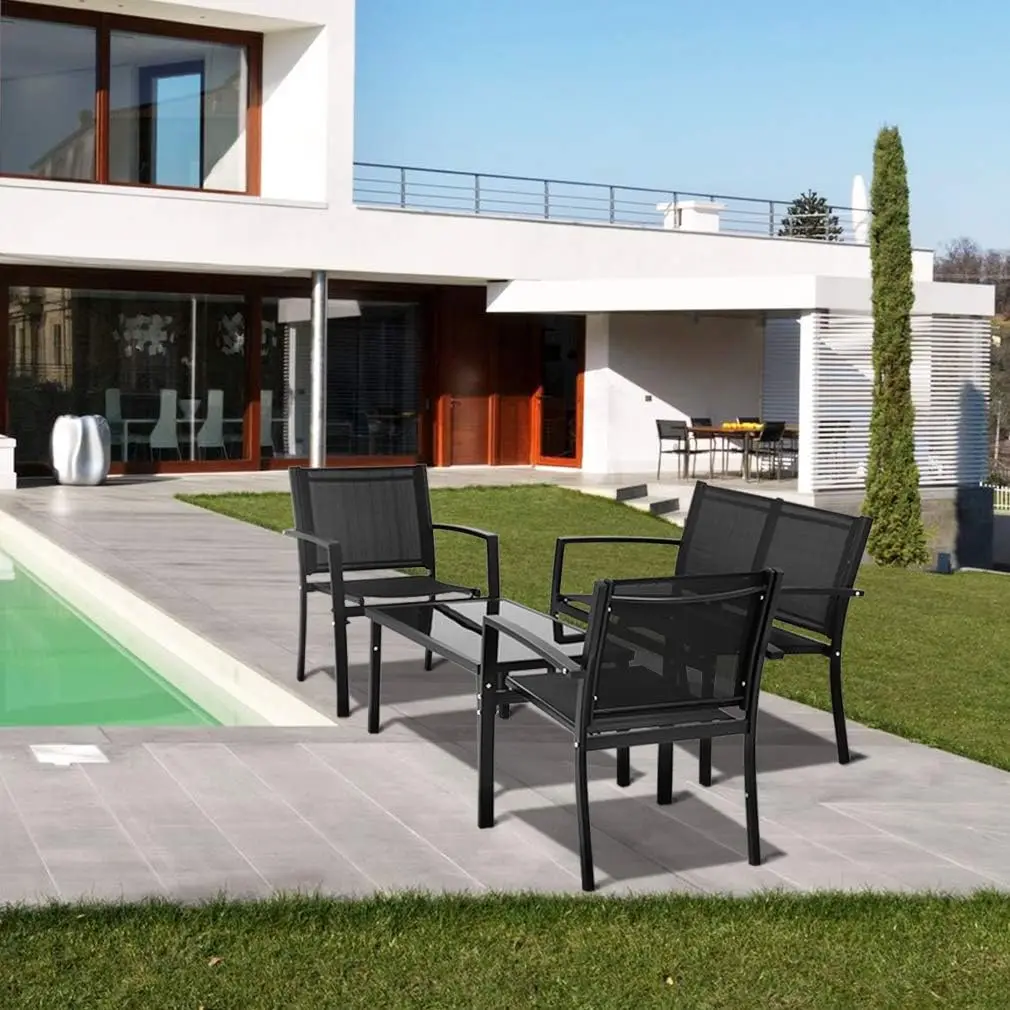 Set di conversazione per Patio da 3/4 pezzi con mobili da giardino in metallo Textilene impermeabile da tavolo in vetro temperato per balcone esterno