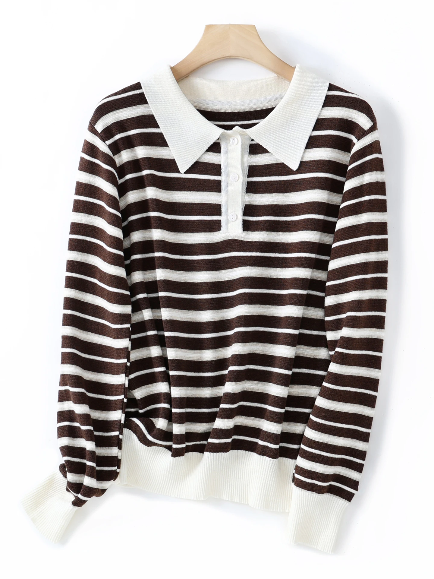 Elegant Fashion Women's T-Shirts Blend Wool Knitwear Spring Autumn Pullover Polo Blouse Striped Sweater Long Sleeve Clothes Tops view 5