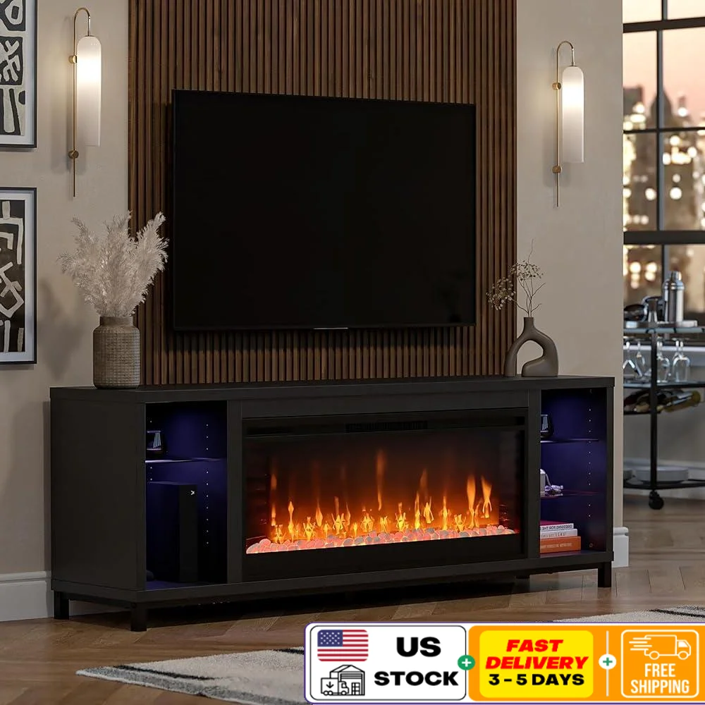 Modern Electric Fireplace TV Stand 70 Inch TV Adjustable LED Flame Insert Heater Remote Control Timer Glass Shelves Sturdy MDF