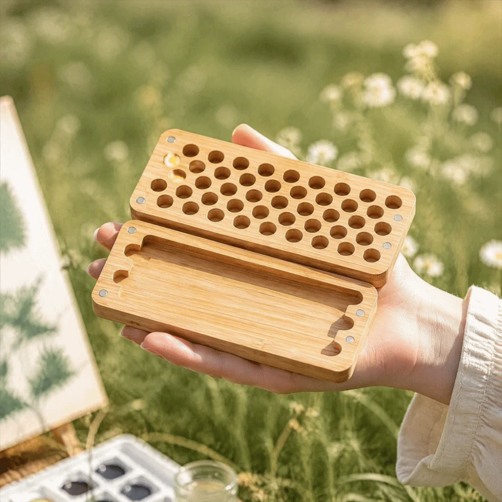 Wood Rectangle Palette Painting Box Handmade Portable Mini Watercolor Paint Box Empty Box with Magnetic Lids