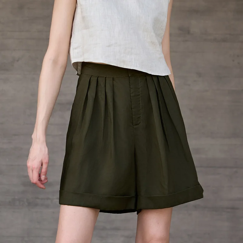 

French Shorts for Women Linen Summer High Waits Casual Loose Fashion White Color Office Lady Comfortable Basice Female Pants