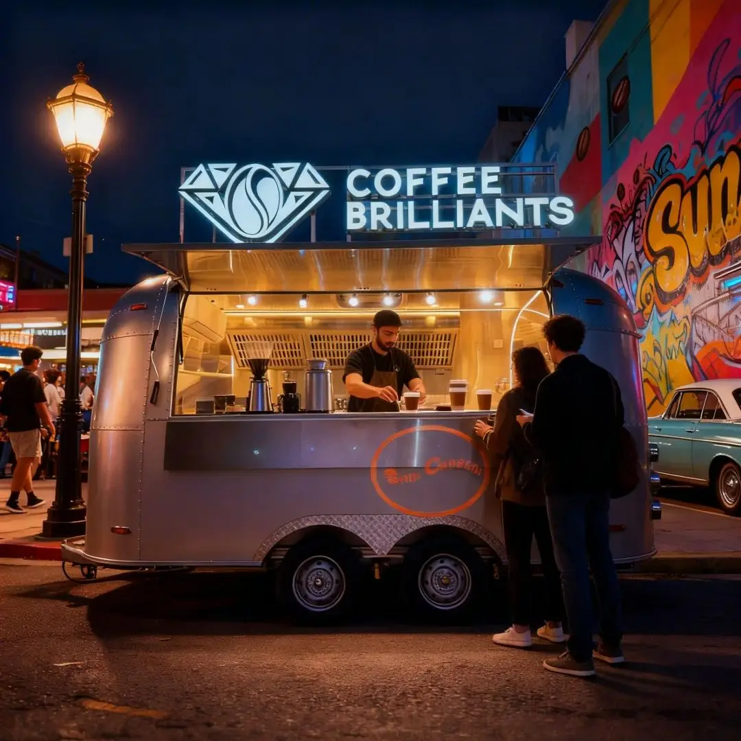 

Outdoor Food Truck Silver-Gray Body Diamond-Coffee Bean Illuminated Logo High Recognition Mobile Kitchen Catering Truck