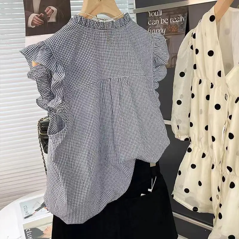 Blue Plaid Flying Sleeve Sleeveless Casual Commuting Fashion Women\'s Shirt 2024 Summer New French Ruffle Edge Chic Top for Women