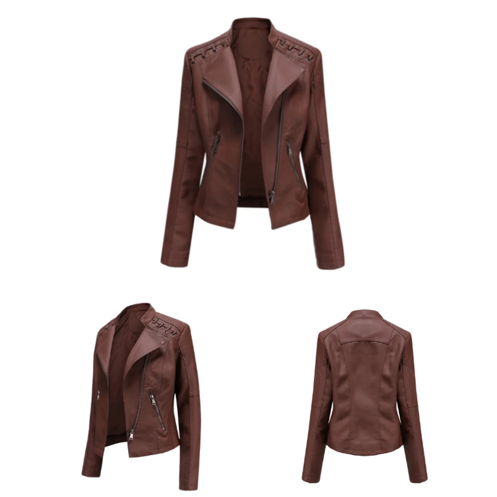 Women Motorcycle Jacket PU Leather Chaqueta Moto Casual Motocross Riding Jacket Standing Neck Zipper Casual Slim Fitting Jacket