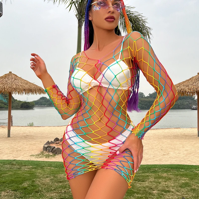 Sexy Lingerie Sex Bodycon Dress Fishnet Clubwear Perspective Christmas Valentine\'s Day Women\'s Rainbow Babydolls Dresses