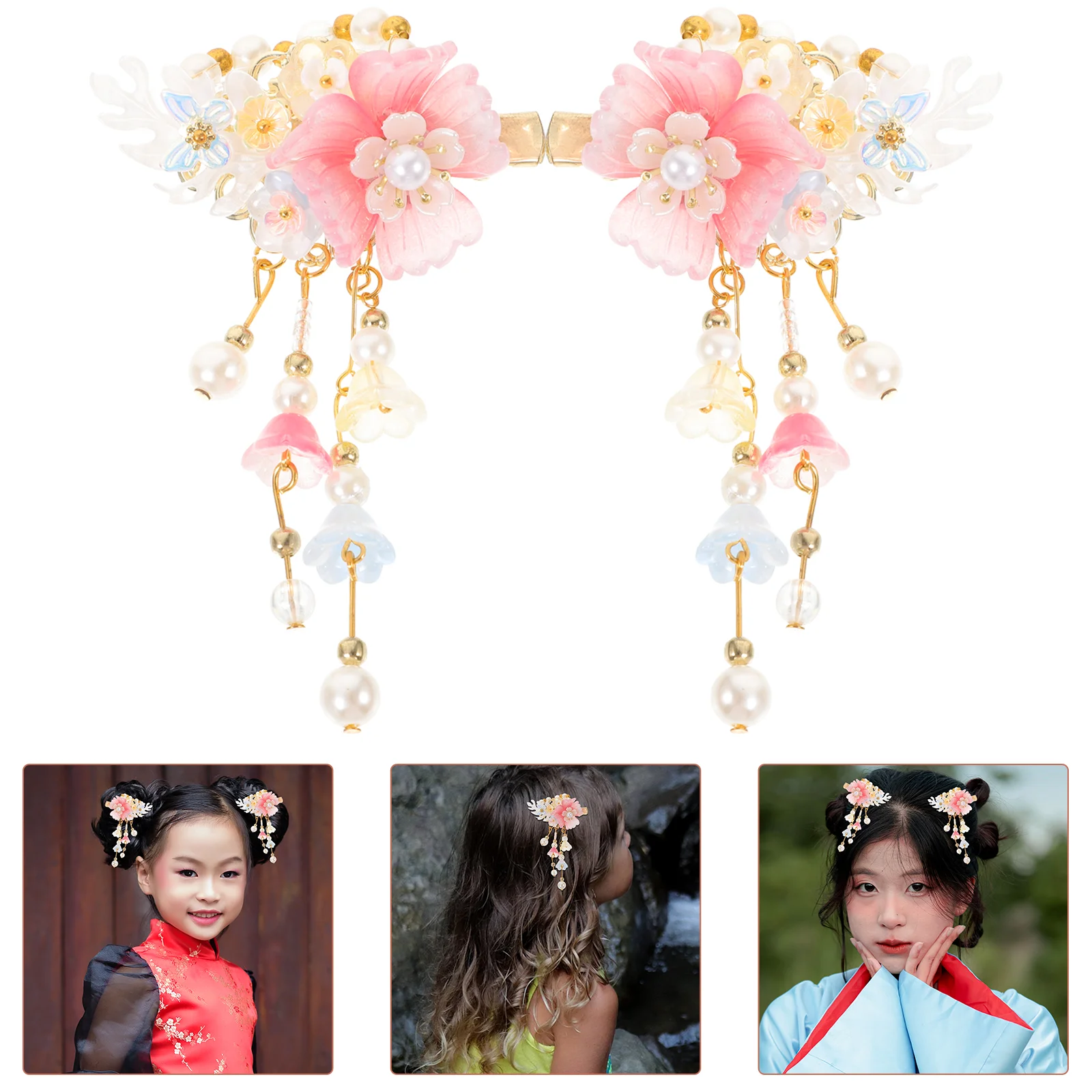 

Floral Tassel Headdress Barrettes for Women Chinese Flower Hair Clip Plastic Bridal Accessories