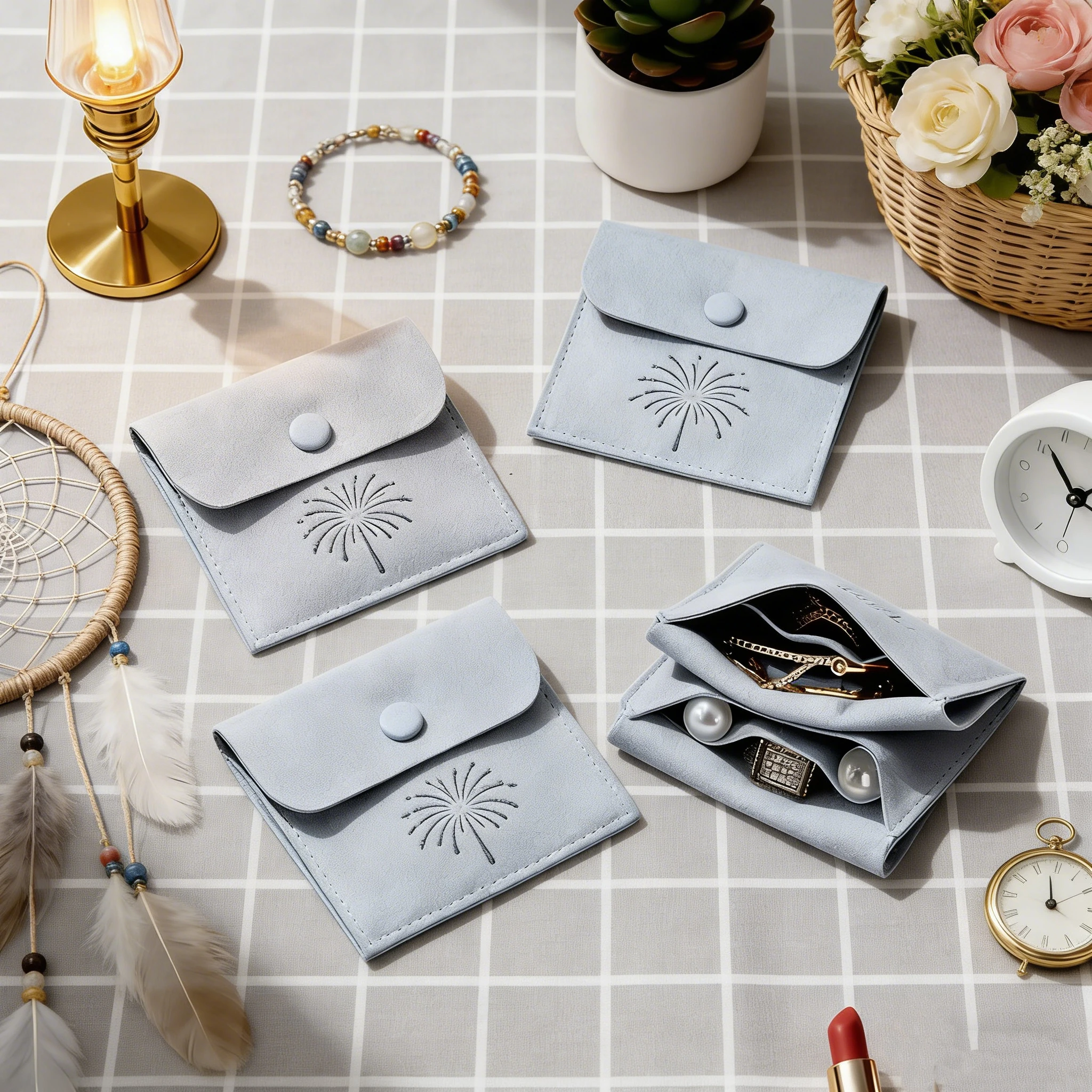 

100Pcs Mini Luxury Microfiber Jewelry Bags Packaging for Rings Earrings Necklace Suede Envelope Flap Button Pouch With Divider