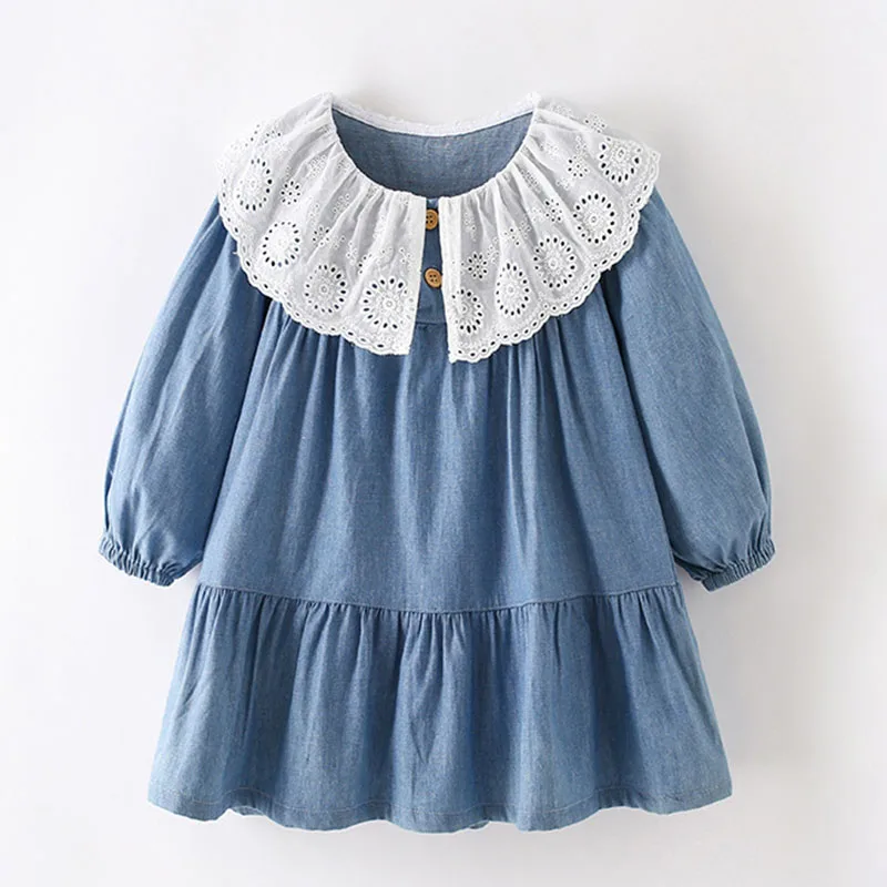 

Little Girl Fall Dresses Denim School Clothing Long Sleeve Big Girls Holiday Dress Spring New 2025 Collared Dresses Cute