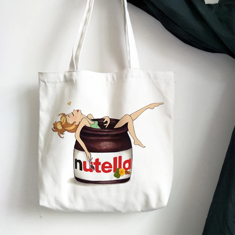 Nutella Kawaii Shopping Bag Print Shoulder Handbag Tote Bag Aesthetic For Women Canvas Shopper Bag High Capacity Hand Cloth Bag