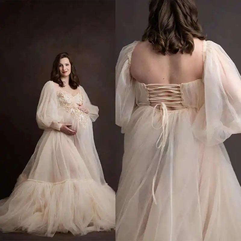 

Elegant Bridal Sleepwear V-Neck Long Sleeves With Bling Sequins Wedding Robe Nightgown Chic Soft Ruffles Tulle Sweep Train