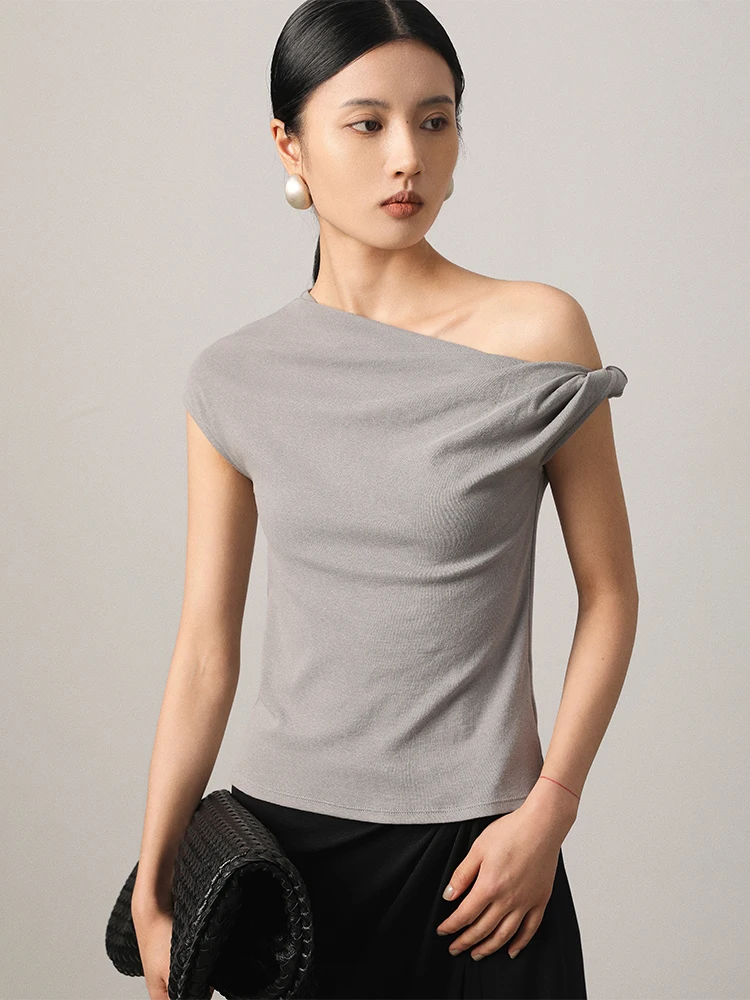 

Vimore Linen Cotton Knot T-irt oulder Bared Asymmetrical Design ort Sve Women's Commute Sle Moisture ng