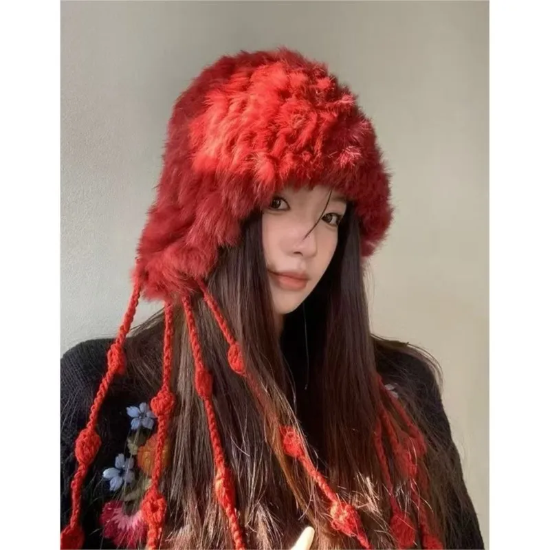 Ethnic-style lion dance hat atmosphere woolen knitted cold-proof ear-protecting tassel headscarf