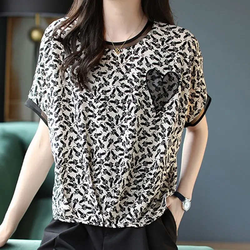 

Bat Sleeve Loose Printed Short Sleeve T Shirt With Contrast Embroidery Silk Crepe Chiffon Blouse