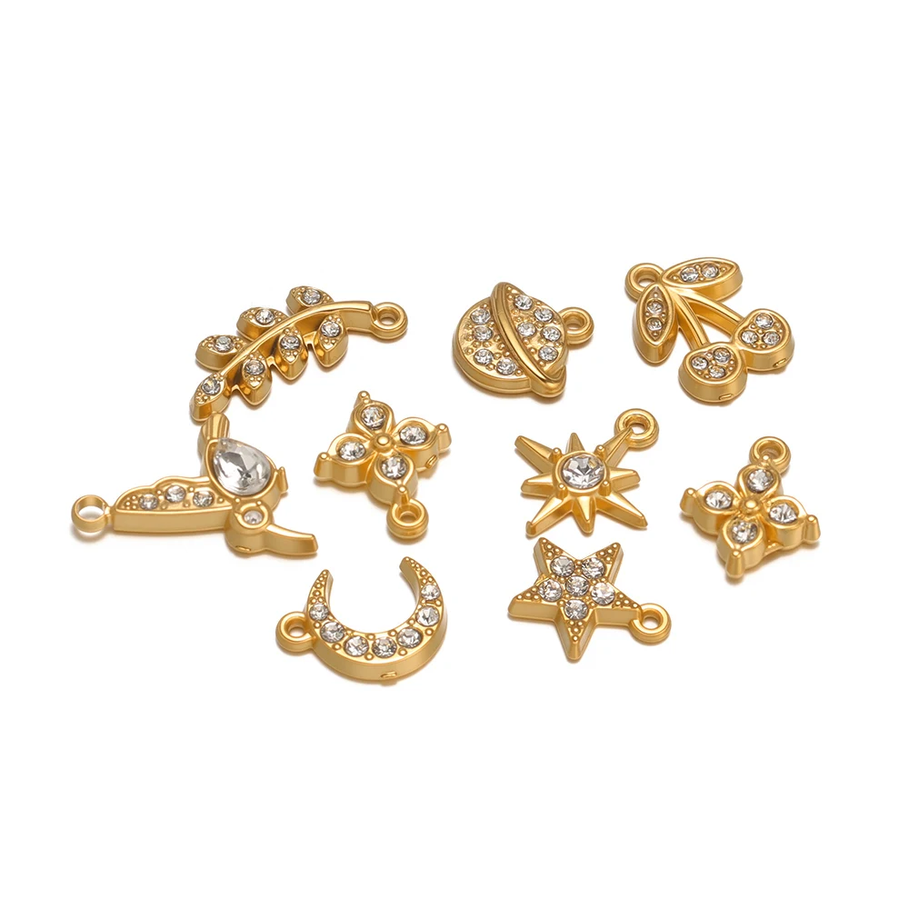 5 uds. De dijes de cereza y estrella de pájaro brillante de acero inoxidable, colgante de diamantes de imitación para mujer, joyería, collar, pulsera, decoración