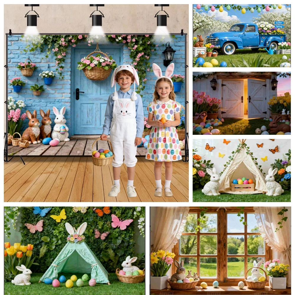 

Easter Spring Photography Backdrop with Vintage Truck Bunny and Colorful Eggs for Outdoor Party Photo Booth Background Decor