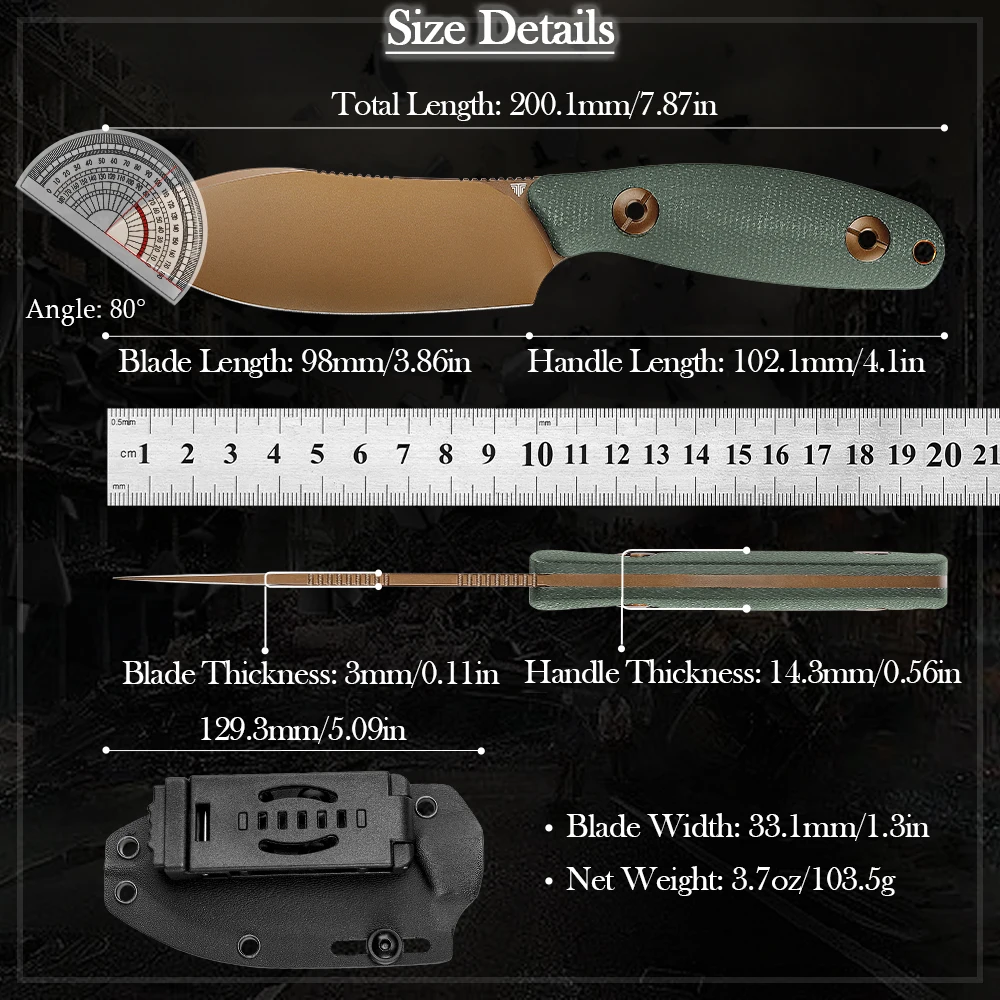 TRIVISA Straight Knife Aubergine Sandvik 14C28N Steel Blade Micarta Handle Camping Hunting Cutting Multitool With Kydex Sheath