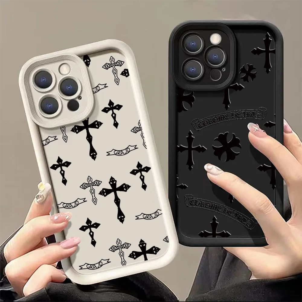 Korean Cross Printout Case For iPhone 11 12 13 14 15 16 Pro Max XS X XR 7 8 Plus SE 2020 2022 SE2 Shockproof Candy Soft Cover