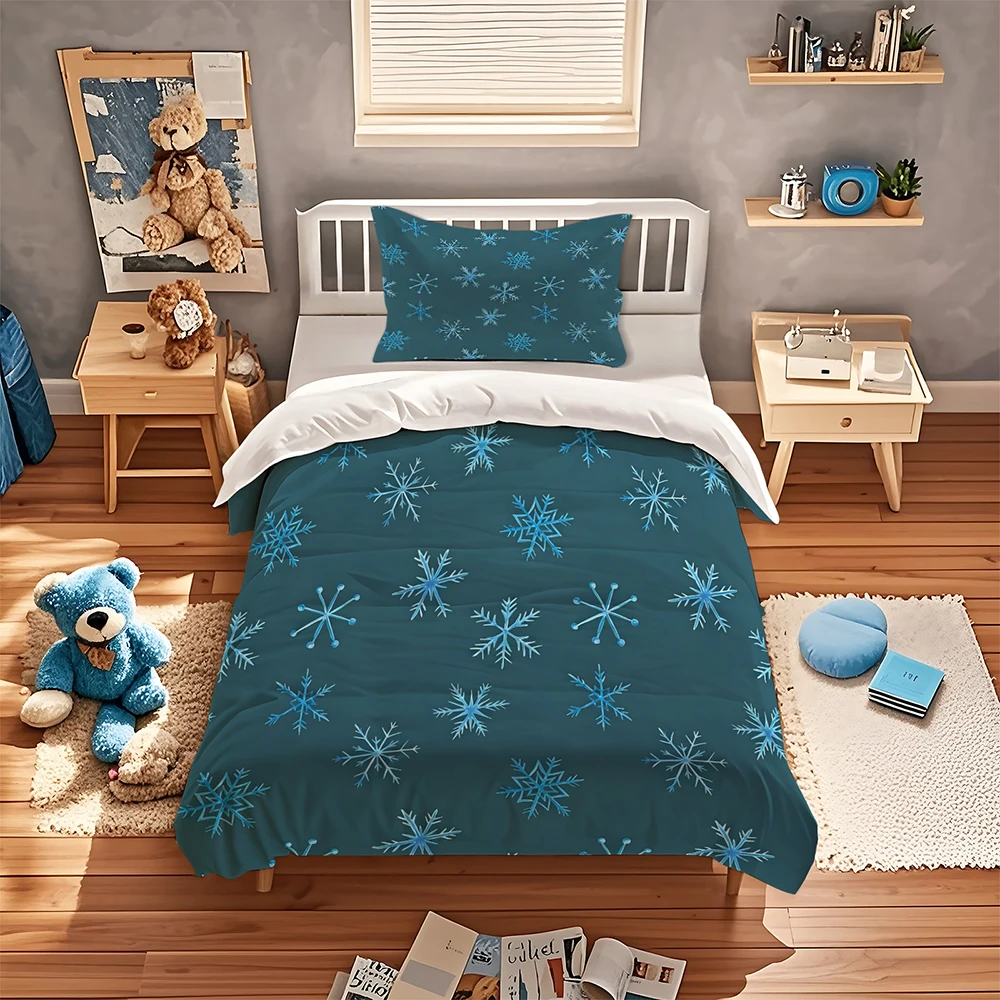 Snowflake Duvet Cover Set Teal Blue Christmas Bedding Set Soft Polyester Comforter Cover with Pillowcases Zipper Home Bedroom
