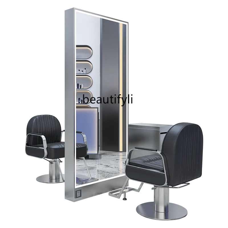 

Barber Shop Dressing Table Stainless Steel Hair Salon Mirror with Light Single Double-Sided Floor Mirror Hair Cutting Mirror