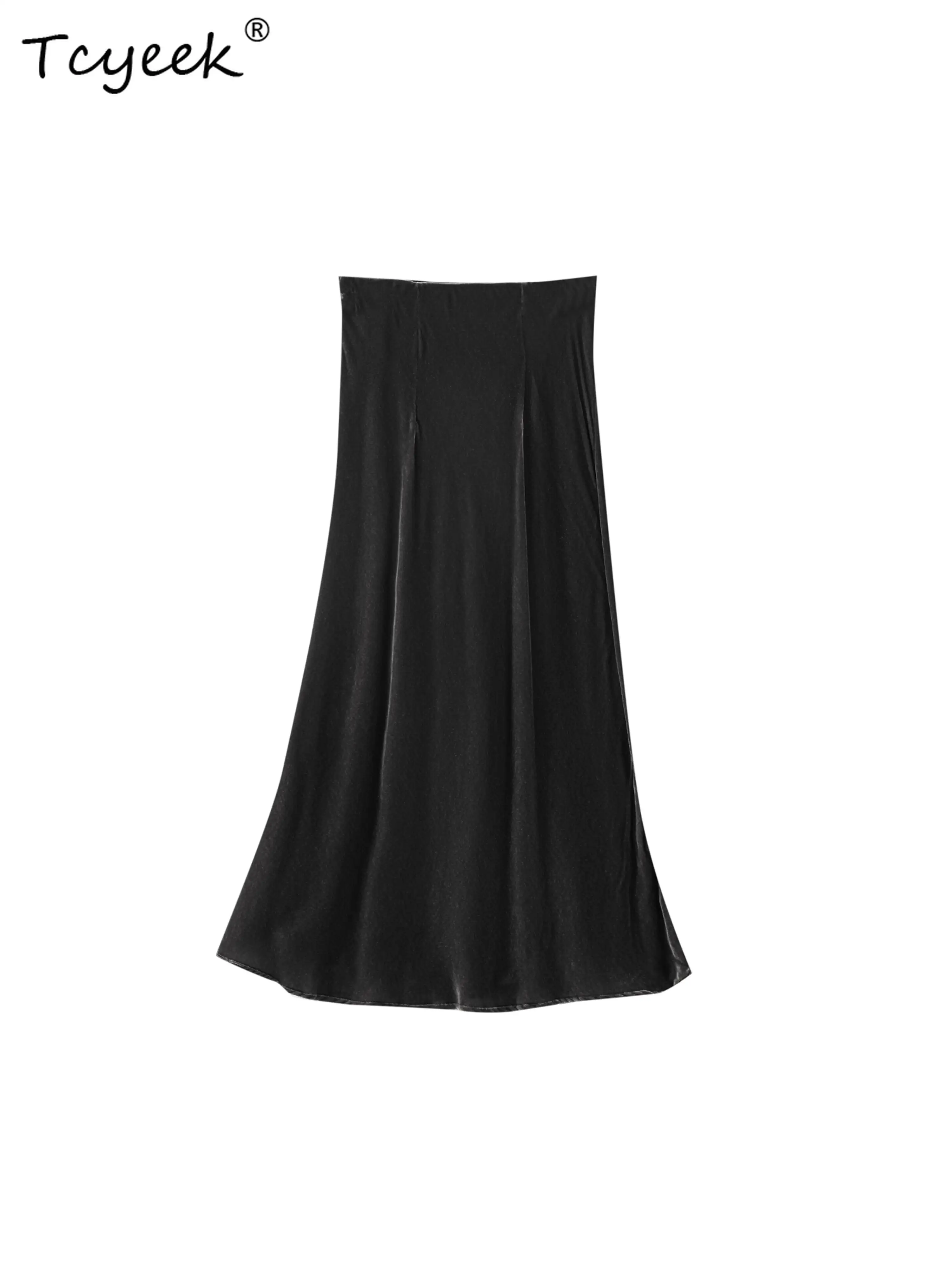 Tcyeek 100% seda amoreira real primavera outono elegante veludo envolto nádegas cauda de peixe cor sólida comprimento médio saia feminina mireト