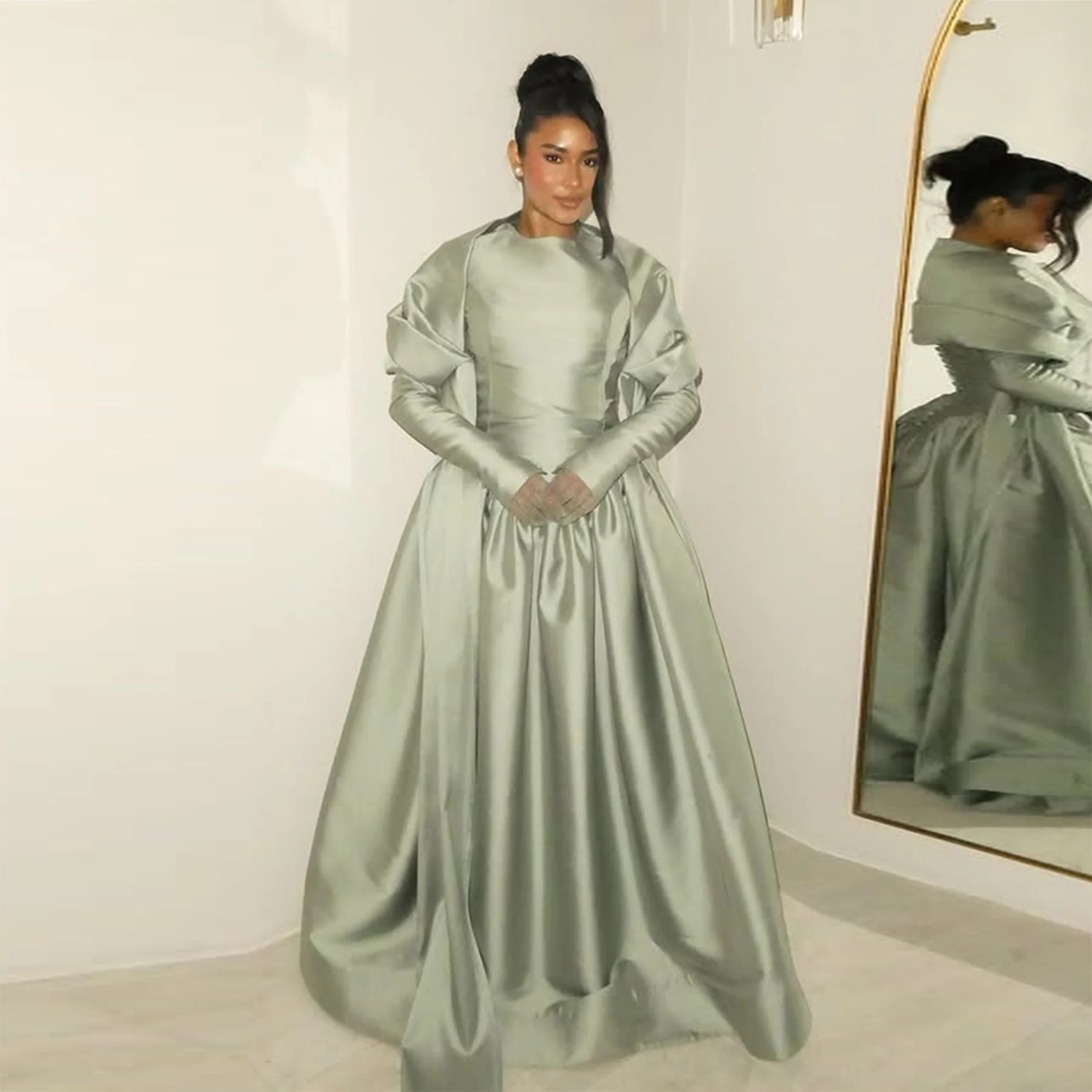 

Sage Атласное платье для выпускного вечера с длинными рукавами Саудовская Аравия Вечерние платья трапециевидной формы с круглым вырезом длиной до пола, женское вечернее платье Robe De Soiree