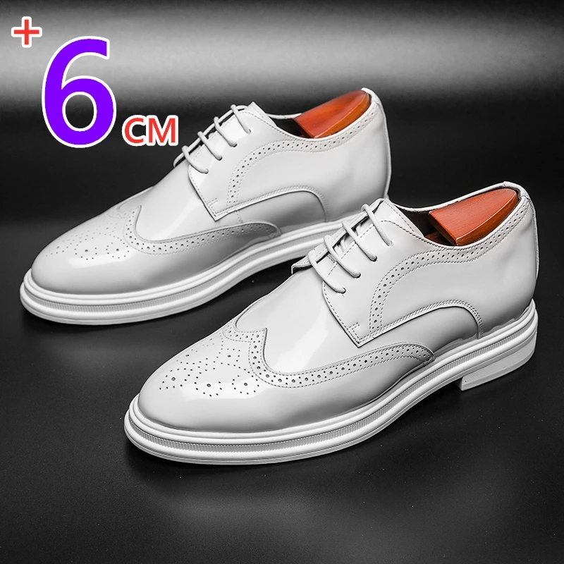 

Men Patent Leather Elevator Shoes 6CM Dress Heightening Formal Leather Shoes White Brogue Business Wedding Men Oxfords Suit Shoe