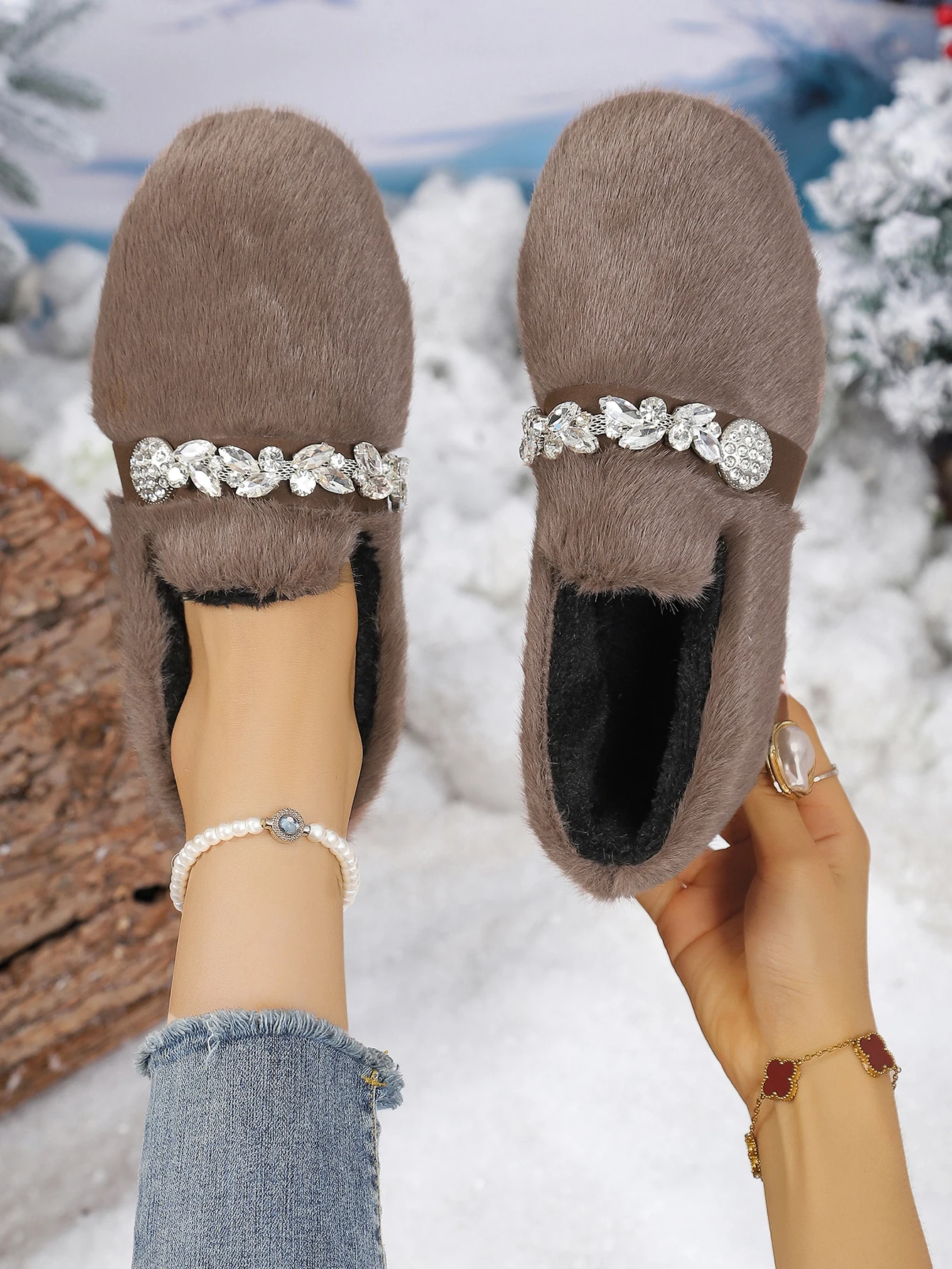 Damenstiefel, Pelzstiefel, Winterstiefel, flauschig, mit Strassverzierung, zum Hineinschlüpfen, warm, mit Fleece gefüttert, weiche Sohle, lässige Outdoor-Damenschuhe – Detail 3