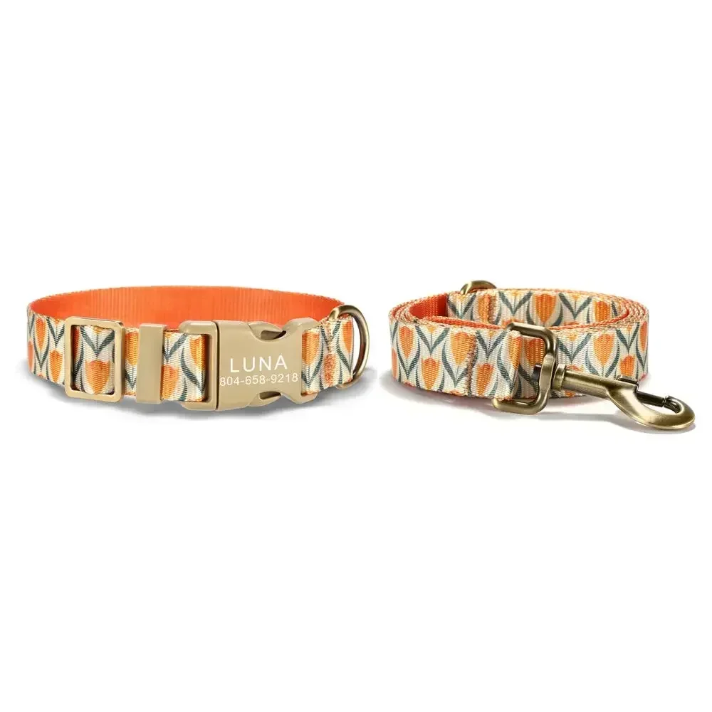 

Personalized Dog Collar with Free Engraving, Matching Pet Leash,Customzied Contacts Buckle, Tulips Pet Collar