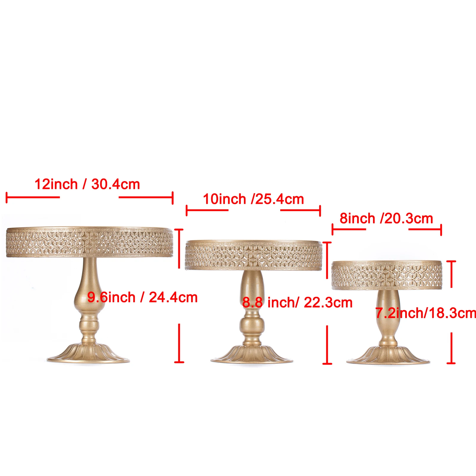 3 stuks diameter 8", 10", 12" taartstandaards set met kanten rand voor desserttafel, feest, verjaardag, decoraties (licht goud)