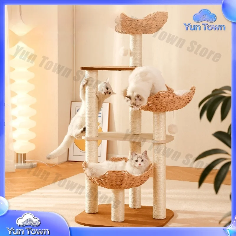 Cute Wood Cat Tree Tower with Lifelike Wool Scratching Post White Cloud Mat Pet Interactive & Movement Furniture