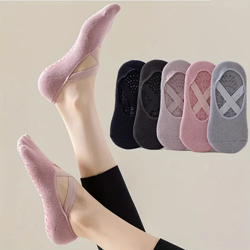 Imagen 1 del producto 5 pares de calcetines de yoga antideslizantes para mujer para danza, Pilates, gimnasio, calcetines invisibles de algodón transpirable con agarre de silicona, entrenamiento en interiores