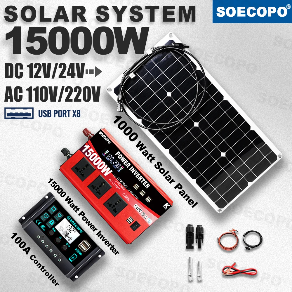 

15000WPeak Solar System Kit 1000WPanel DC12V/24V AC110V/220V Inverter100A Controller Complete Off Grid For Camp Home Rice Cooker