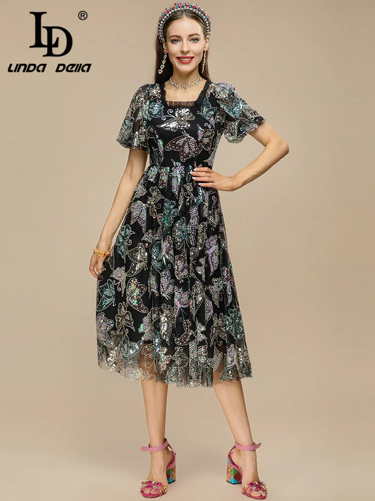 LD LINDA DELLA 2023 Fashion Runway Summer Dress Women square collar Gorgeous Mesh Sequins Beading Black Vintage Party Dress