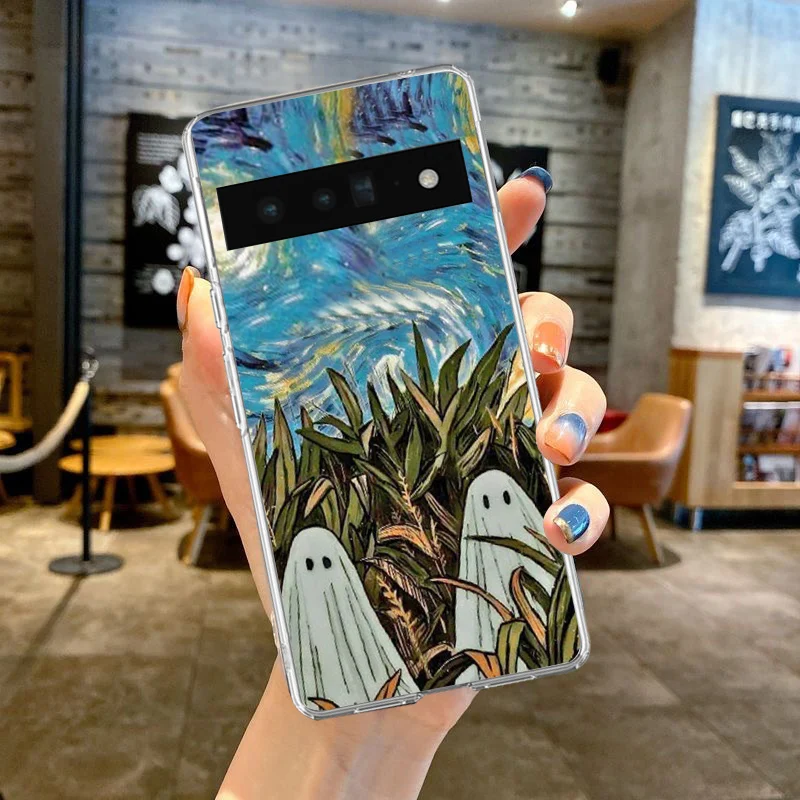 Cute Cartoon Ghost Phone Case For Google Pixel 8A 8 Pro 6 6A 5G 7Pro 7A Scenery Hand Painted Transparent Soft TPU Cover Fundas