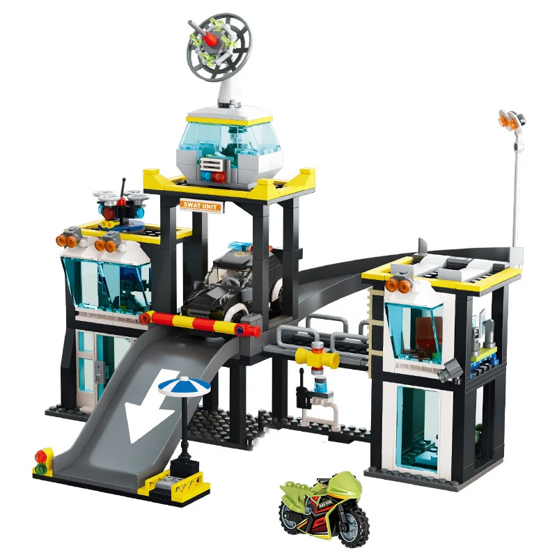 ตัวต่อบล็อกสถานีตำรวจเมือง 2 สี พร้อมเรือนจำ SWAT รถเฮลิคอปเตอร์ ตัวต่อตำรวจ ของเล่นเมืองสำหรับเด็ก ของขวัญ