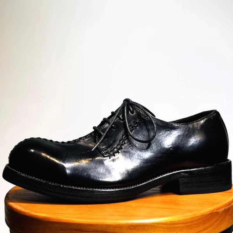 Men's Retro Thick Soled Dress Shoes Outdoor Walking Low-top Shoes England Style Horse Leatherr Hand Sewn Casual Derby Shoes for