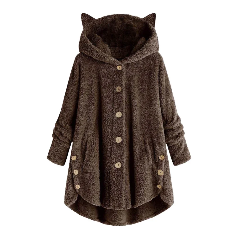 Winter Women Faux Fur Coat Luxury Long Fleece Cat's Ears Hooded Coat Loose Lapel Thick Warm Female Plush Teddy Coat