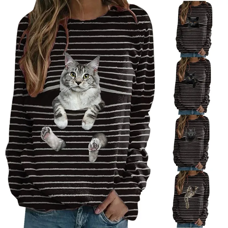 Funny Cute Cat Pattern Women's T-Shirts Animal Printed Tee Fashion O-neck Long Sleeve Spring Autumn Casual Woman Striped t-shirt