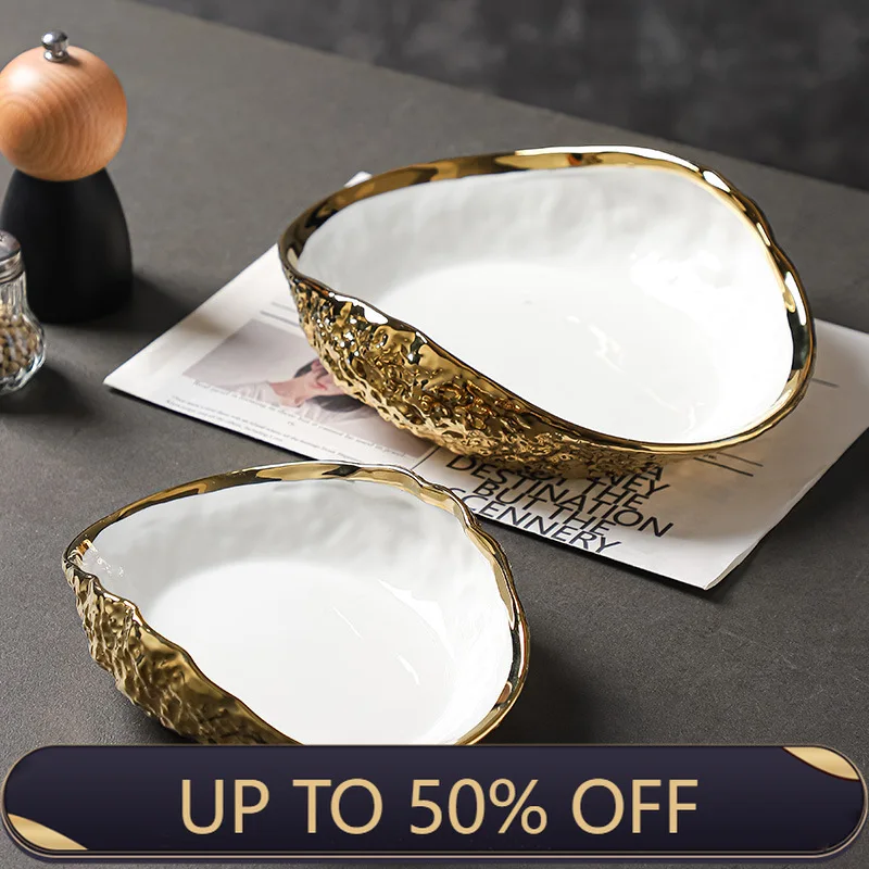 Shell-shaped Plate With Rock Pattern Household Gold-plated Ceramic Steamed Fish Soup Plate Hotel Fruit Salad Dessert Tableware