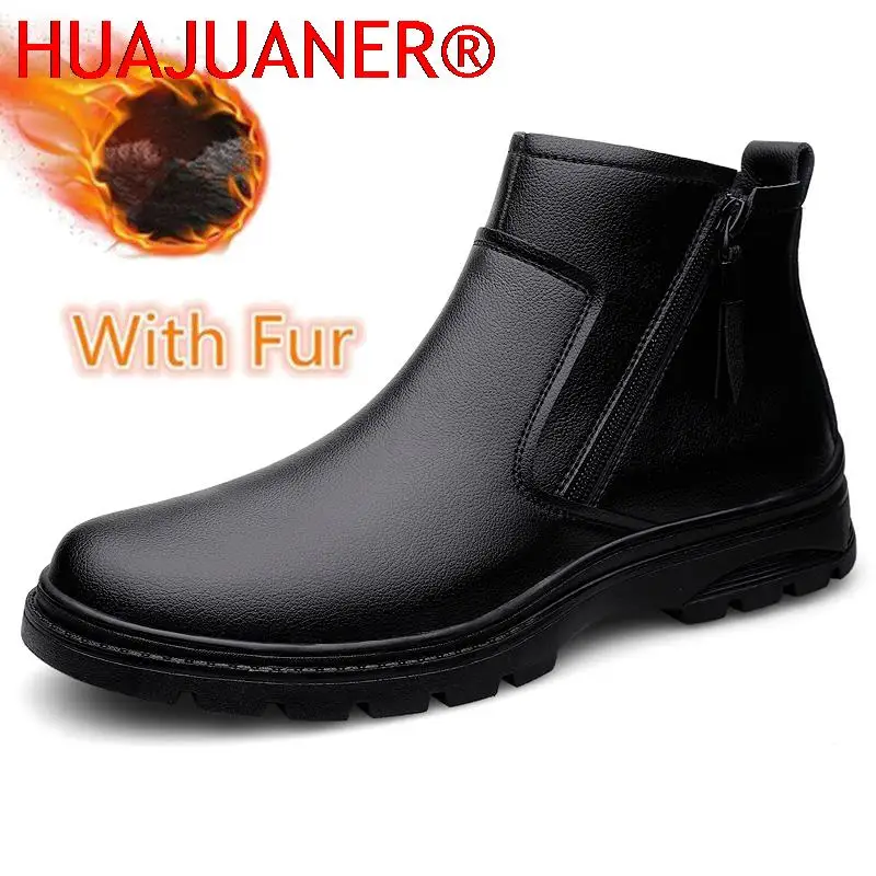 

New Fashion Men Genuine Leather Shoes High Top Winter Warm Snow Boots Personality Motorcycle Ankle Boots Comfy Side Zipper Boots