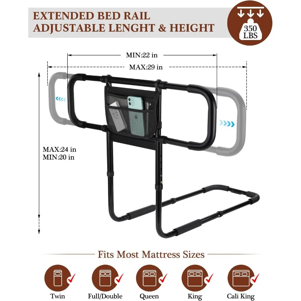 Riel de seguridad para cama ajustable con luz con sensor de movimiento para adultos mayores, se adapta a camas gemelas completas King Queen