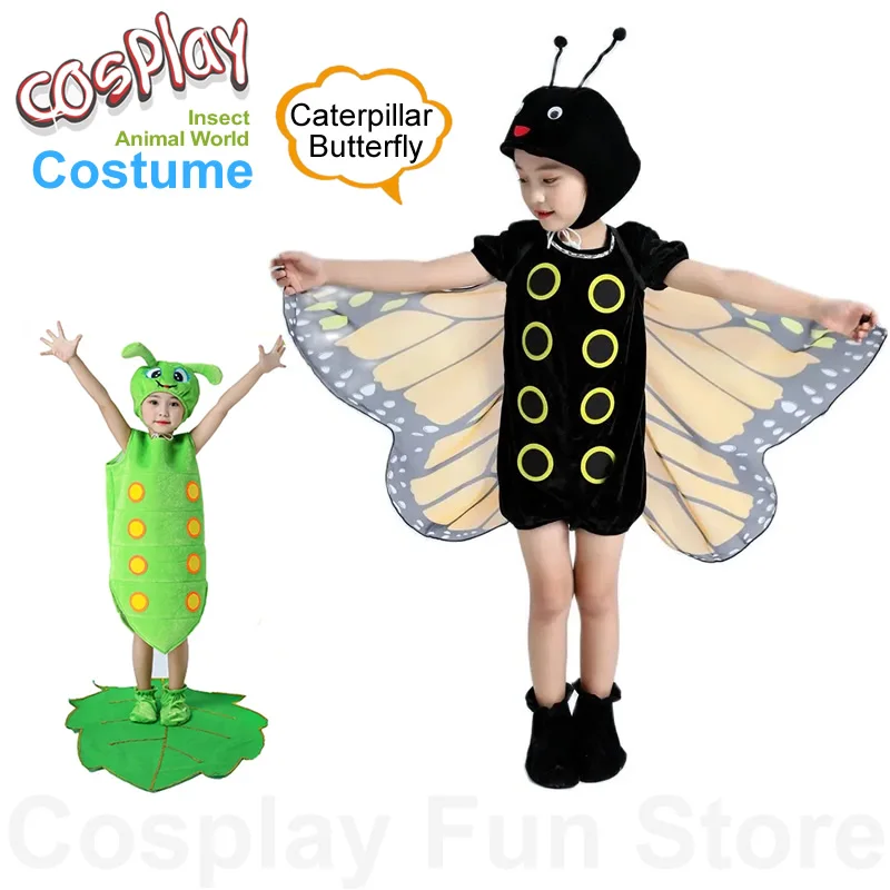 Children's Cosplay Costume Butterfly Larvae Jumpsuits Drama Cartoon Caterpillar Transformation Stage Dancing Dress Set Hat Shoe