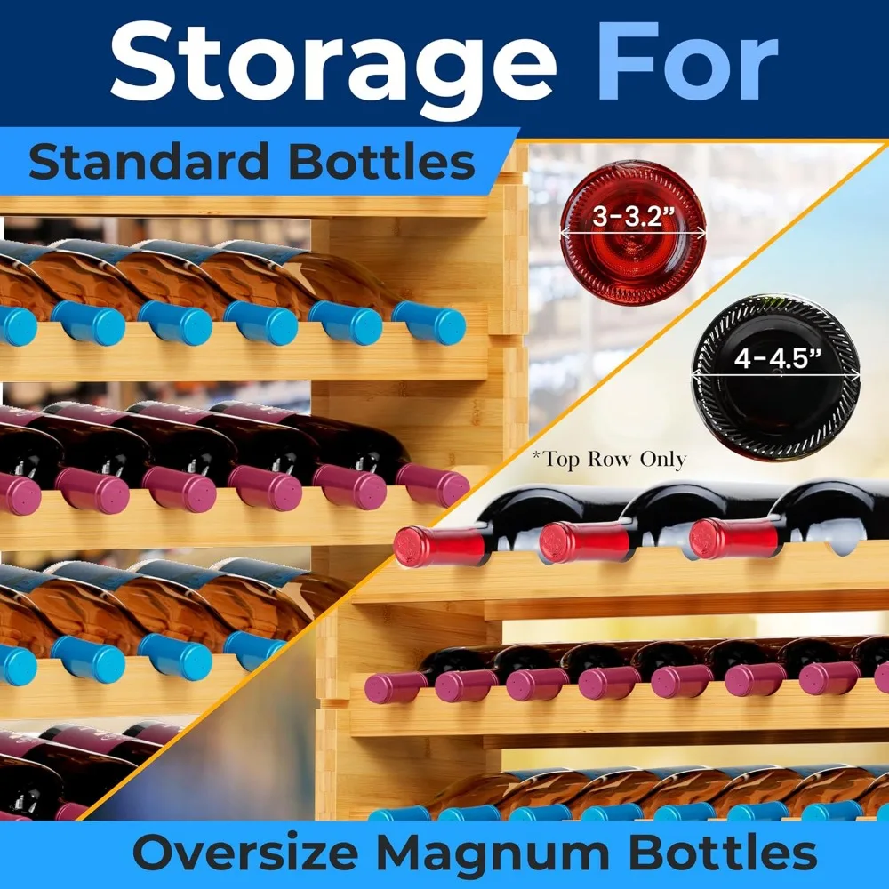 Bamboo Stackable Wine Rack, 12-Tier 108 Bottle Capacity Free Standing Floor, No Tools Assembly, Modular Storage Display Shelf f