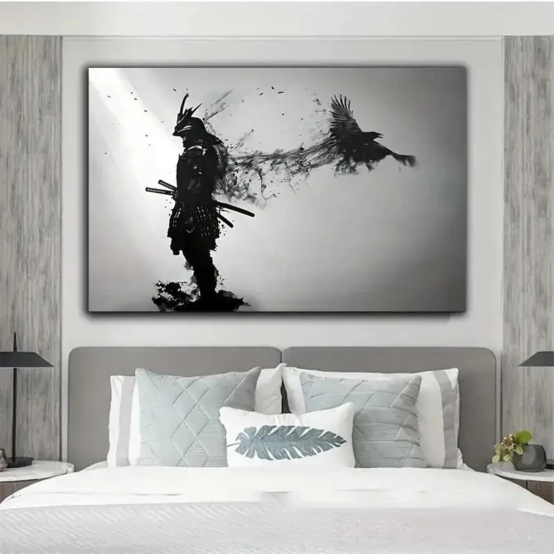 Black and White Japanese Black Samurai Man with Crow Posters and Print Wall Art Canvas Painting  for Living Room Cuadros Decor