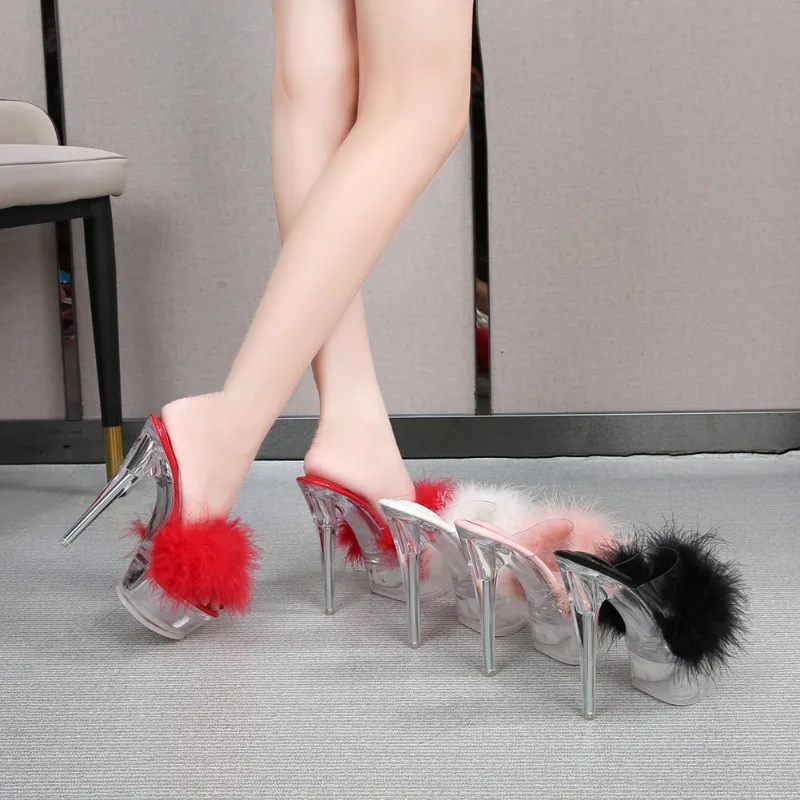 

Summer Woman Platform Sandals Transparent Crystal Ultra High Heels 14cm Feather Sexy Women's Shoes Wedding Dress Banquet Shoes