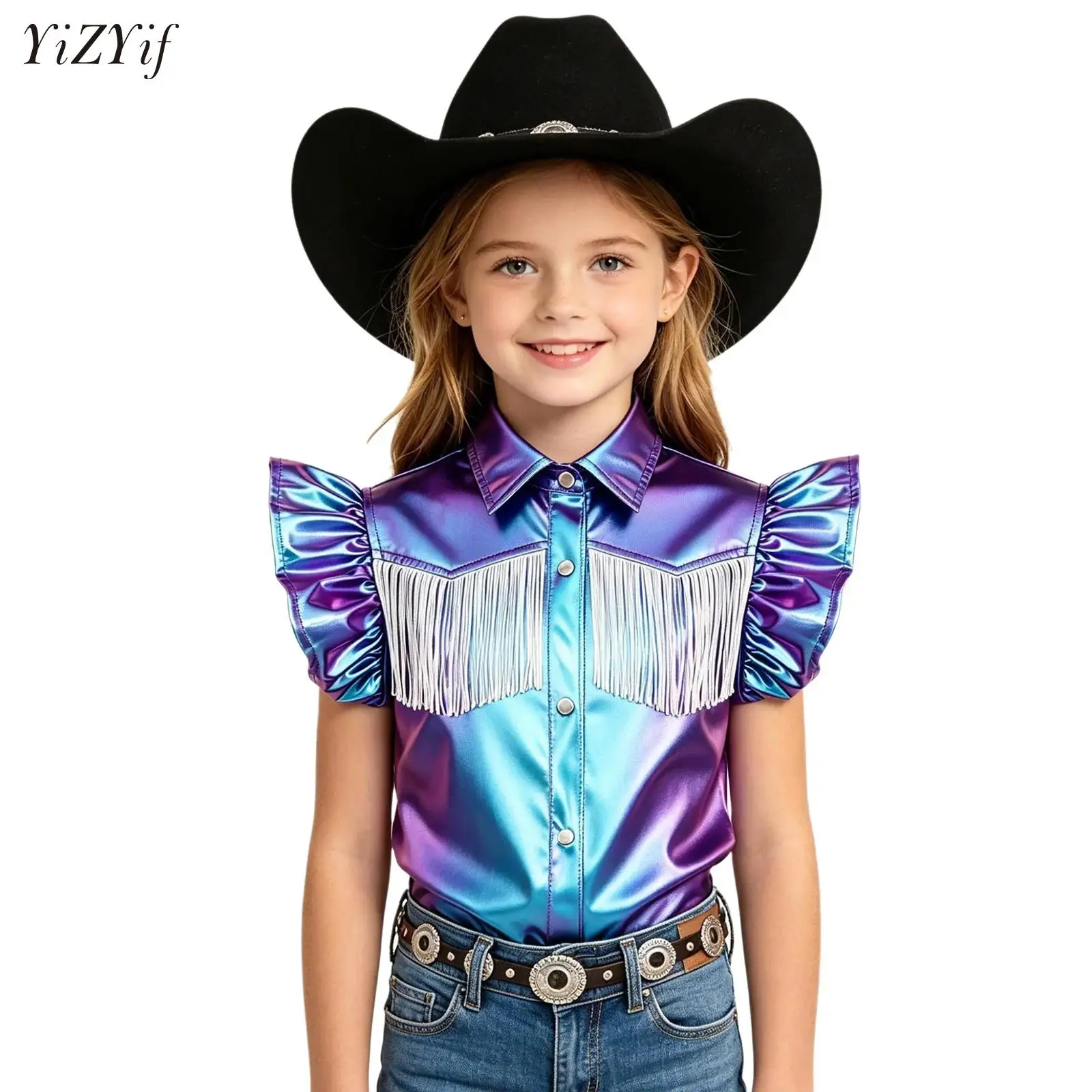 

Children's Hippie Tassels Shirt Tops Kids Girls Metallic T-shirts Fashion Shiny Stage Hip Hop Jazz Modern Performance Costume