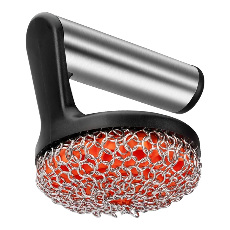 

Cast Iron Scrubber With Handle, Stainless Steel Chainmail Cleaner For Pans And Skillets - Cast Iron Cookware, Ovens Durable